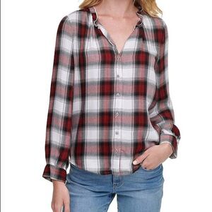 DKNY Shirt Red Plaid Ruffle Collar Button-Down Long-Sleeve Med & Large NWT